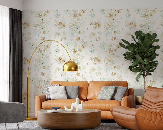 Wallpaper spreading watercolor petals through a living room, GD12060
