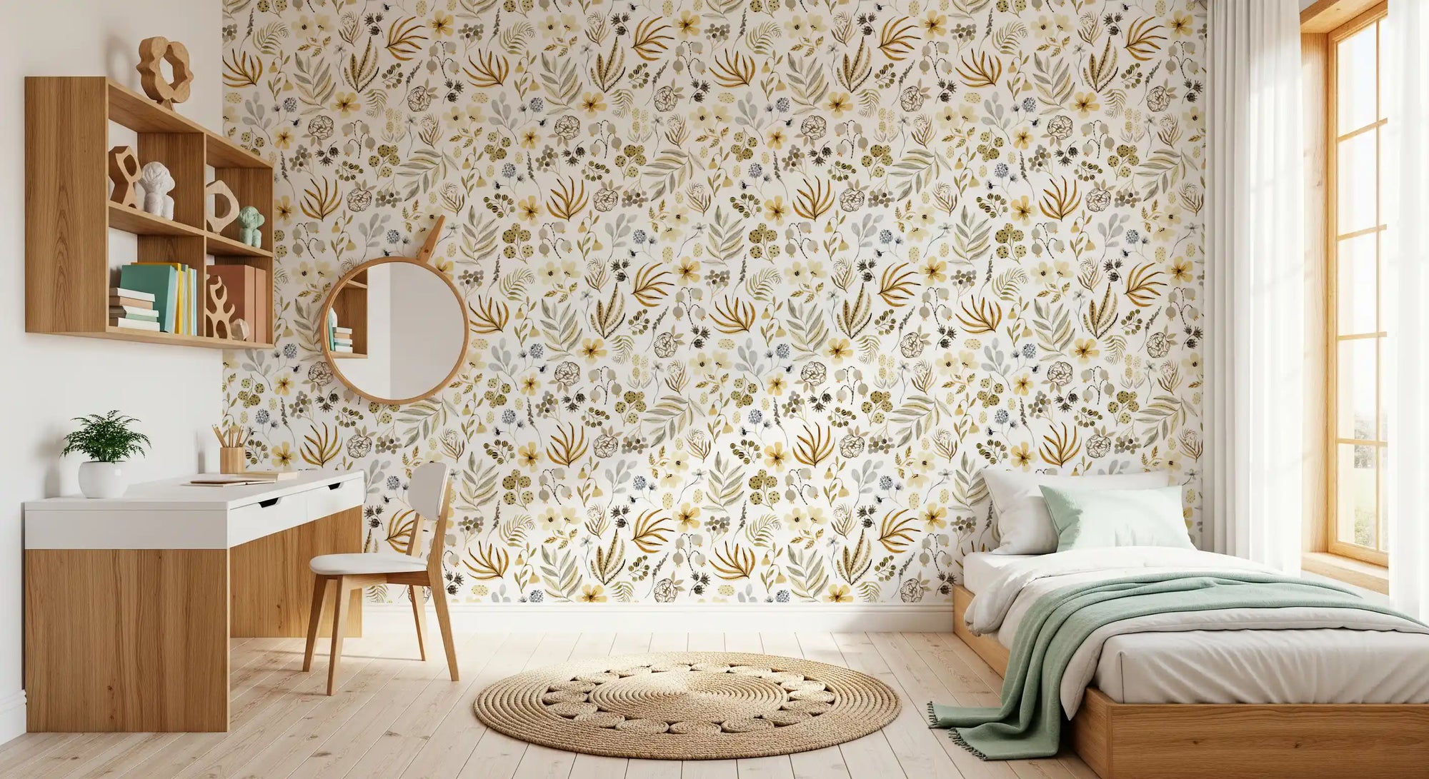 Wallpaper of earthy meadow flora softening a calm bedroom GD12061