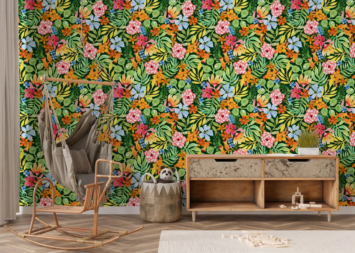 Lebendige Tapete mit botanischer Gartenillustration