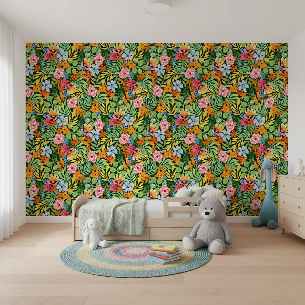 Lebendige Tapete mit botanischer Gartenillustration