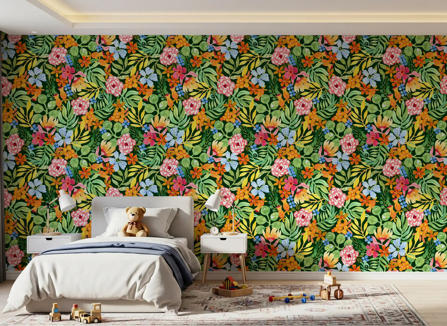 Lebendige Tapete mit botanischer Gartenillustration