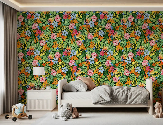 Papier peint illustré d’un jardin botanique éclatant