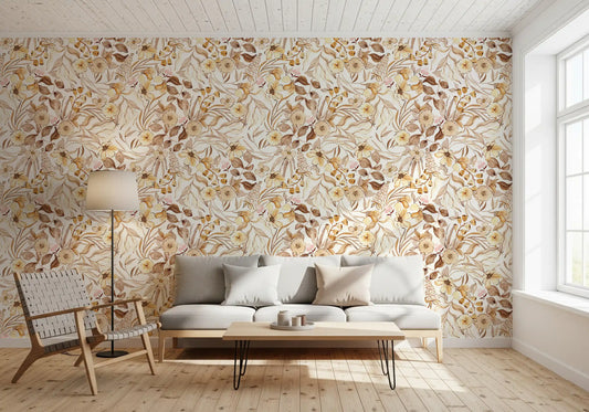 Papier peint botanique champêtre aux tons terreux et rustiques