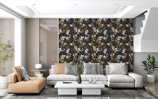 Tapet med mørk botanisk blomsterillustration