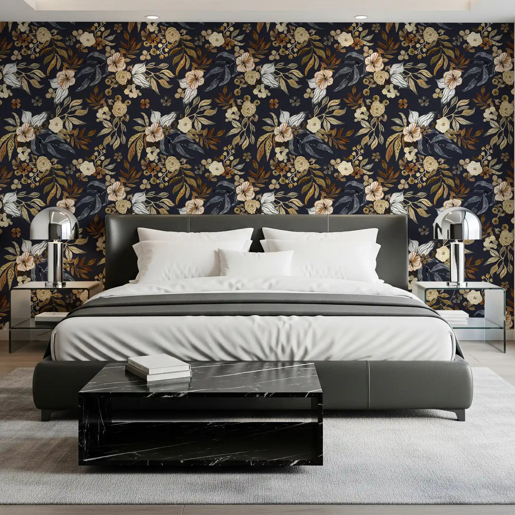 Charcoal botanical wallpaper behind a pale Bedroom GD12074