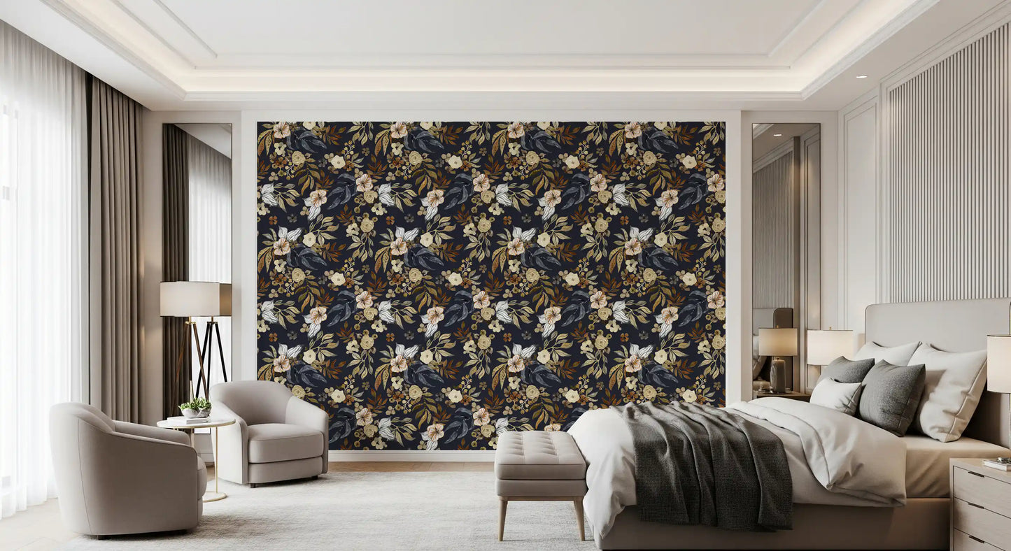 Dark Botanical Floral Illustration Wallpaper⁠