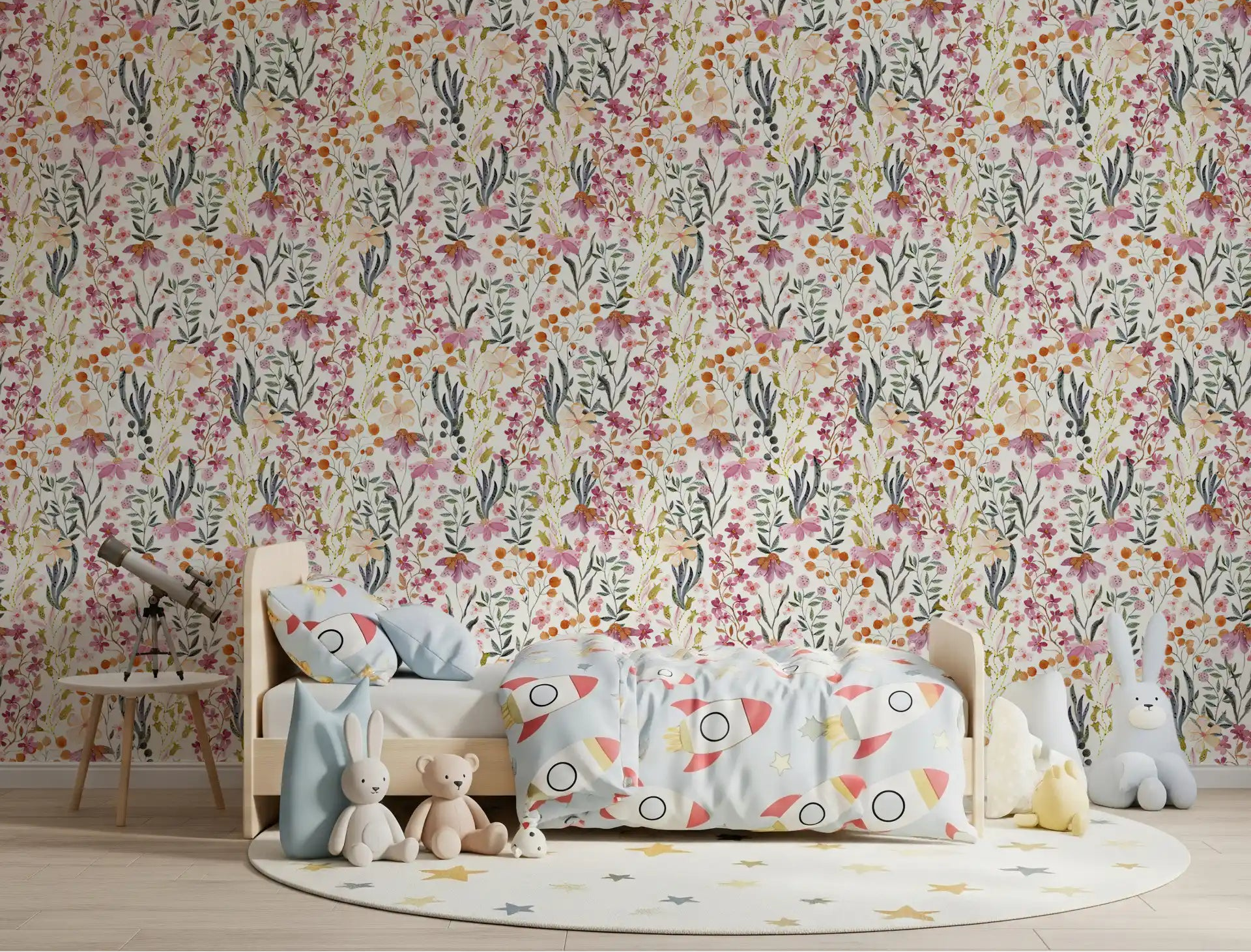 Wallpaper of pink meadow blooms warming a gentle nursery, GD12077