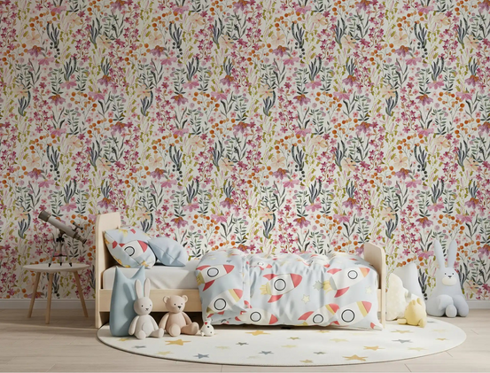 Wallpaper of pink meadow blooms warming a gentle nursery, GD12077