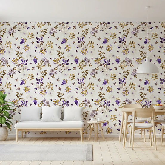 Botaniske ranker i violet og guld – tapet