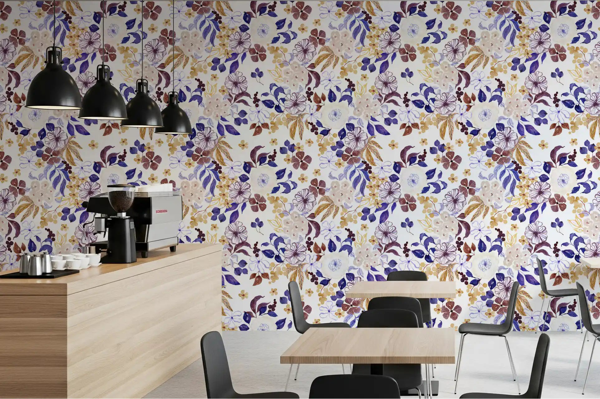 Indigo and ochre floral wallpaper behind a relaxed café GD12082