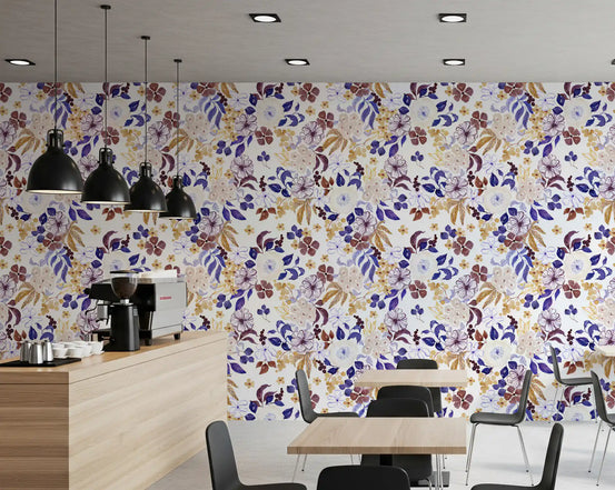 Botanisk have-tapet i indigo og okker