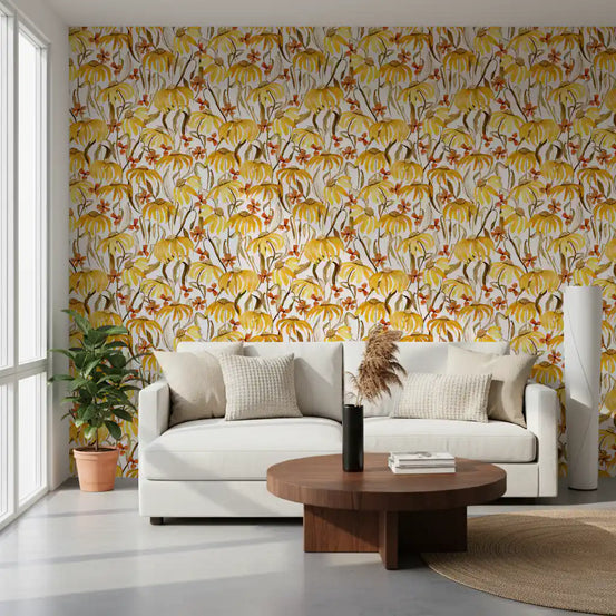 Golden Sunflower Meadow wallpaper warming a sunlit living room GD12083