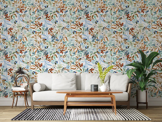 Living room styled in Soft Sage and Blue Meadow wallpaper GD12084