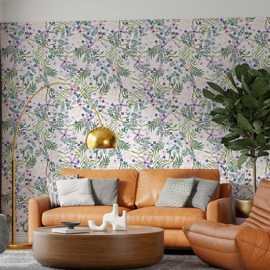 Violet blooms of the Wildflower Trail wallpaper freshen a calm living room GD12087
