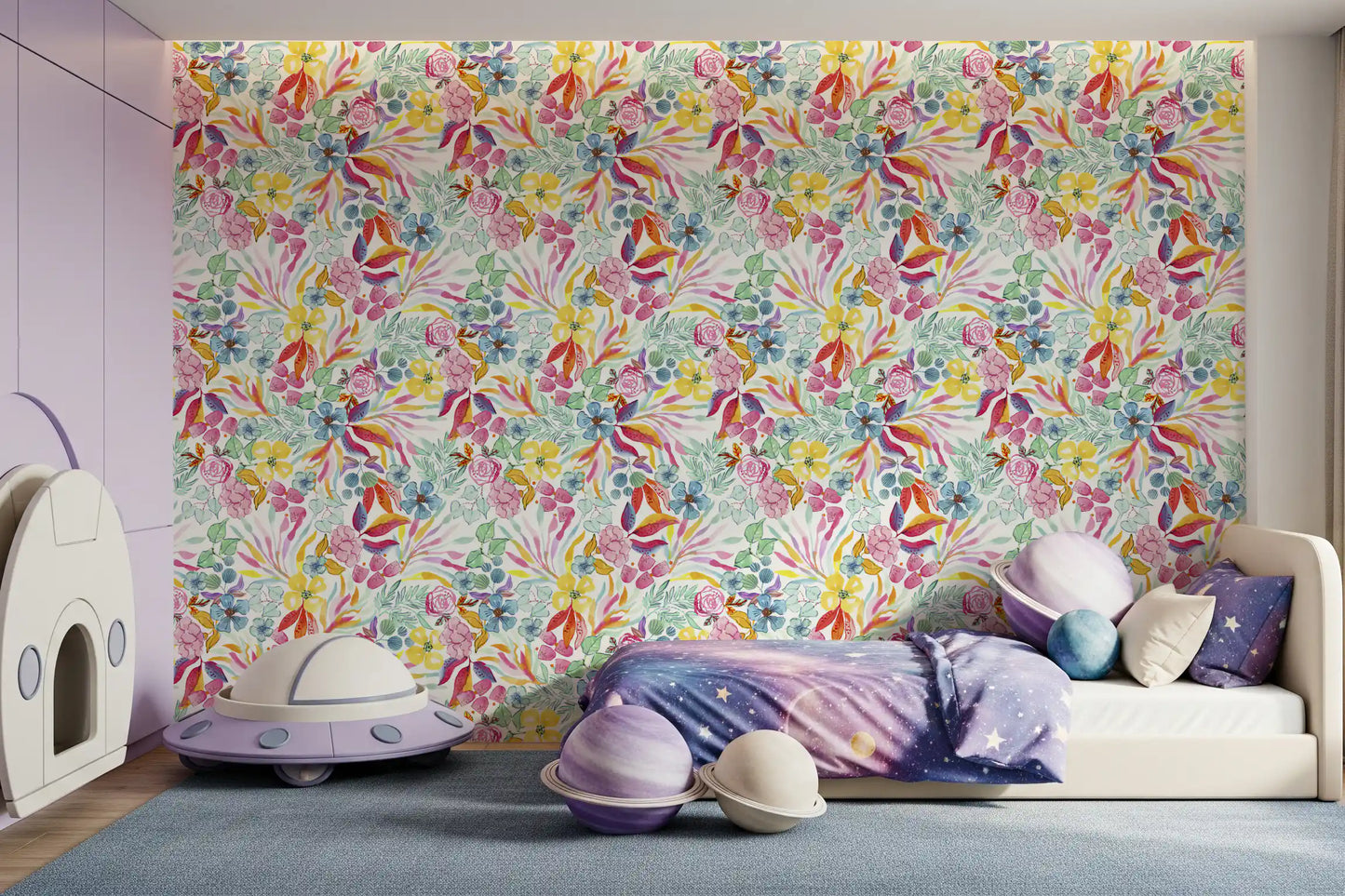 Charmerende blomstret tapet med illustration af en eng