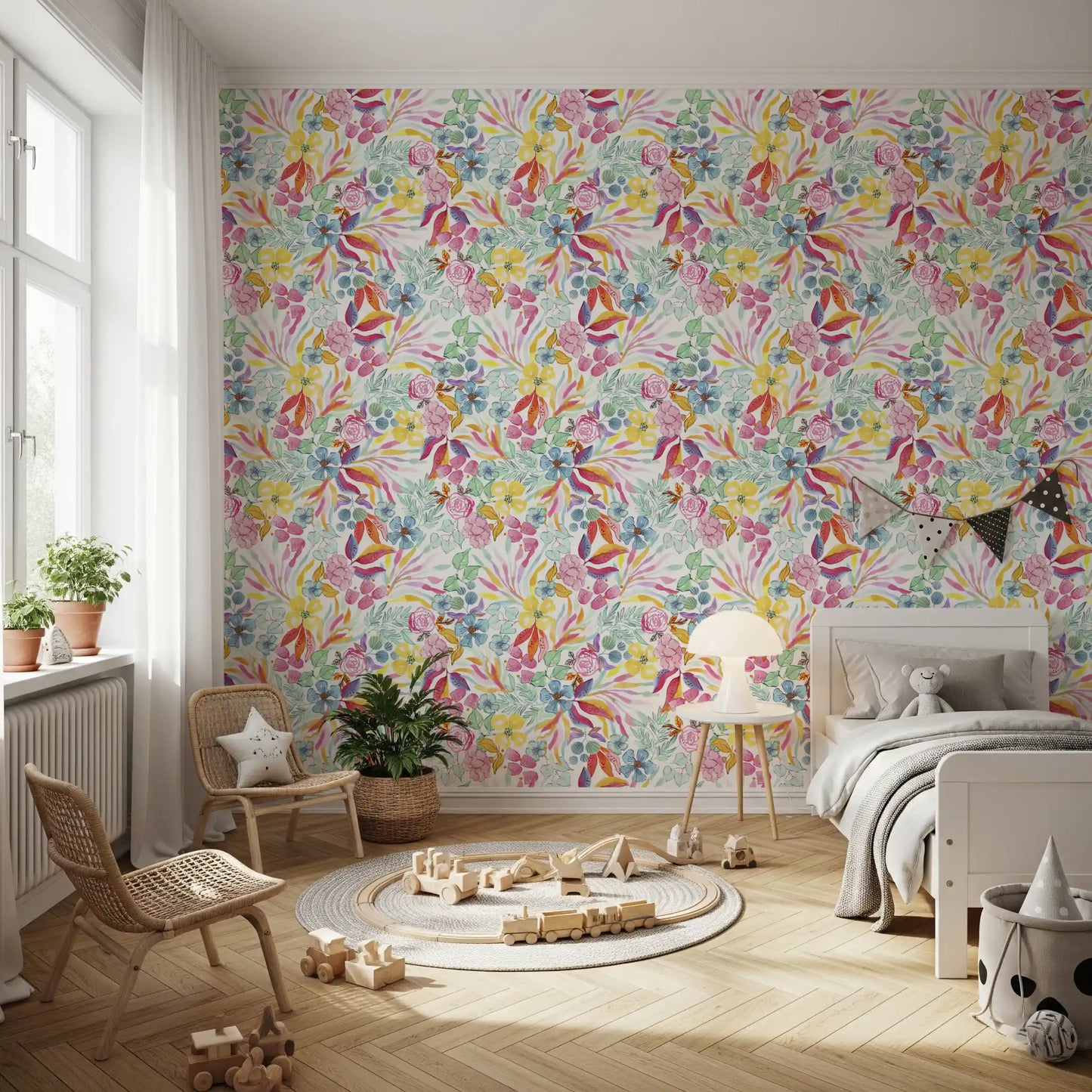 Charmerende blomstret tapet med illustration af en eng