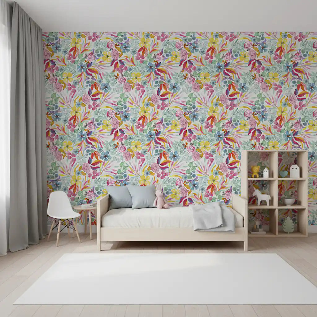 Charmerende blomstret tapet med illustration af en eng