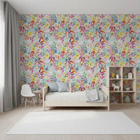 Charmerende blomstret tapet med illustration af en eng