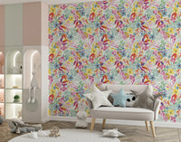 Charmerende blomstret tapet med illustration af en eng