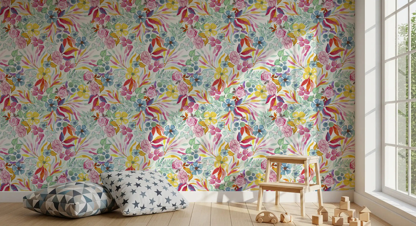 Charmerende blomstret tapet med illustration af en eng