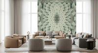 Monokrom skulpturel geometrisk blomst – GARDENIA-vægmaleri