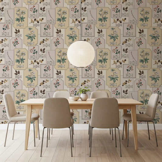 Pinecones, oak leaves and berries suit a dining room, herbarium wallpaper, GD12091