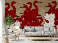 Fresque murale « Hérons cramoisis et fleurs blanches »