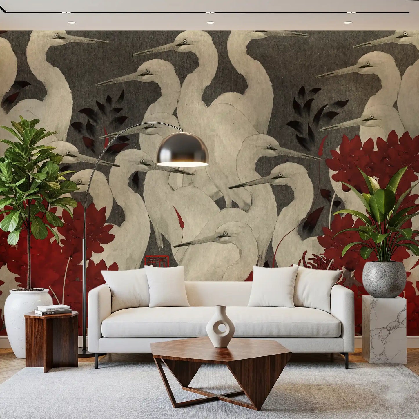 Crimson Crane Assemblage Floral Wall Mural