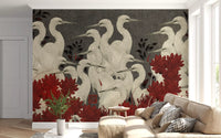 Crimson Crane Assemblage Floral Wall Mural