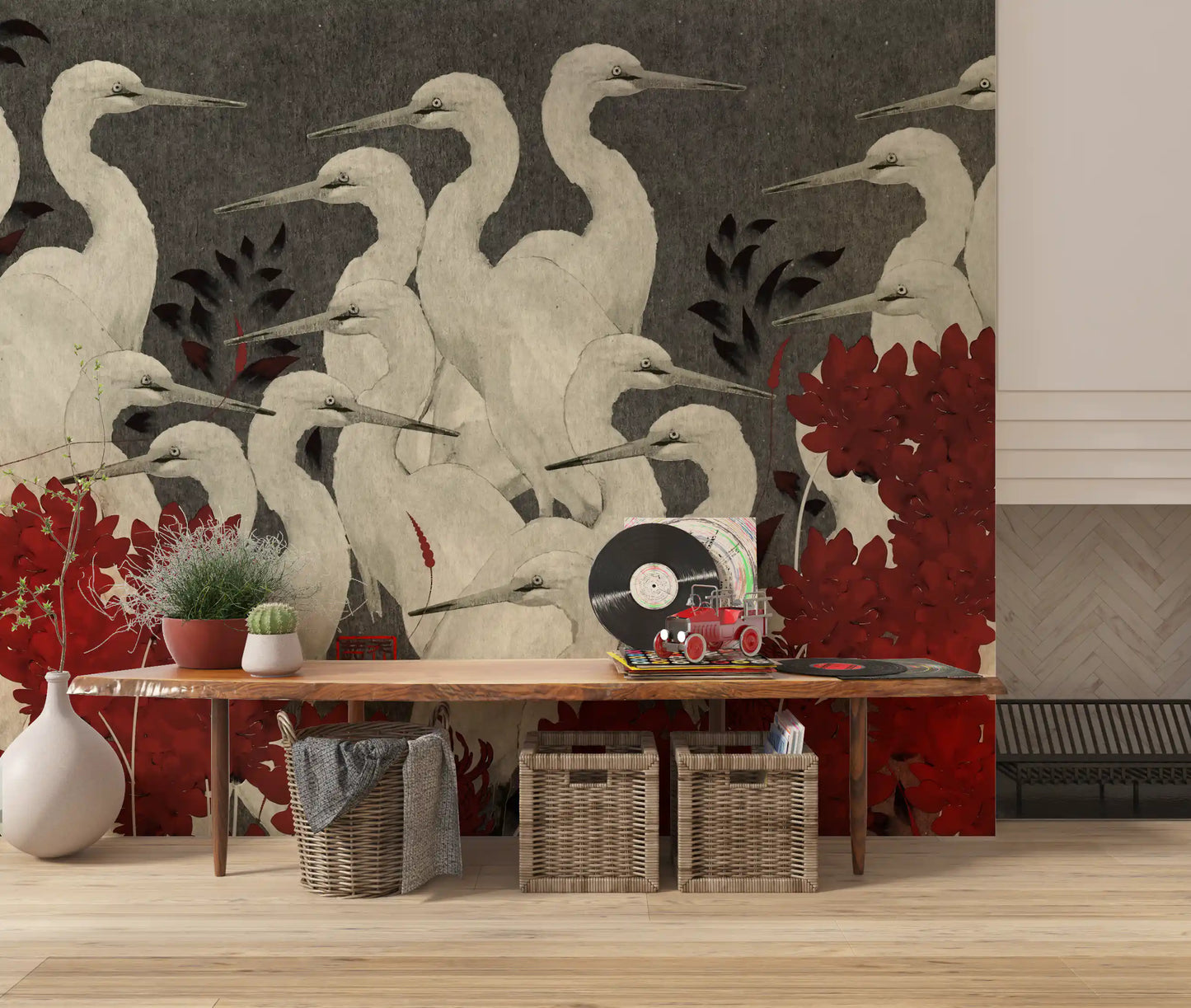 Crimson Crane Assemblage Floral Wall Mural