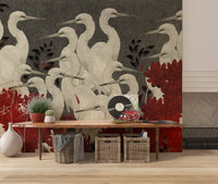 Crimson Crane Assemblage Floral Wall Mural