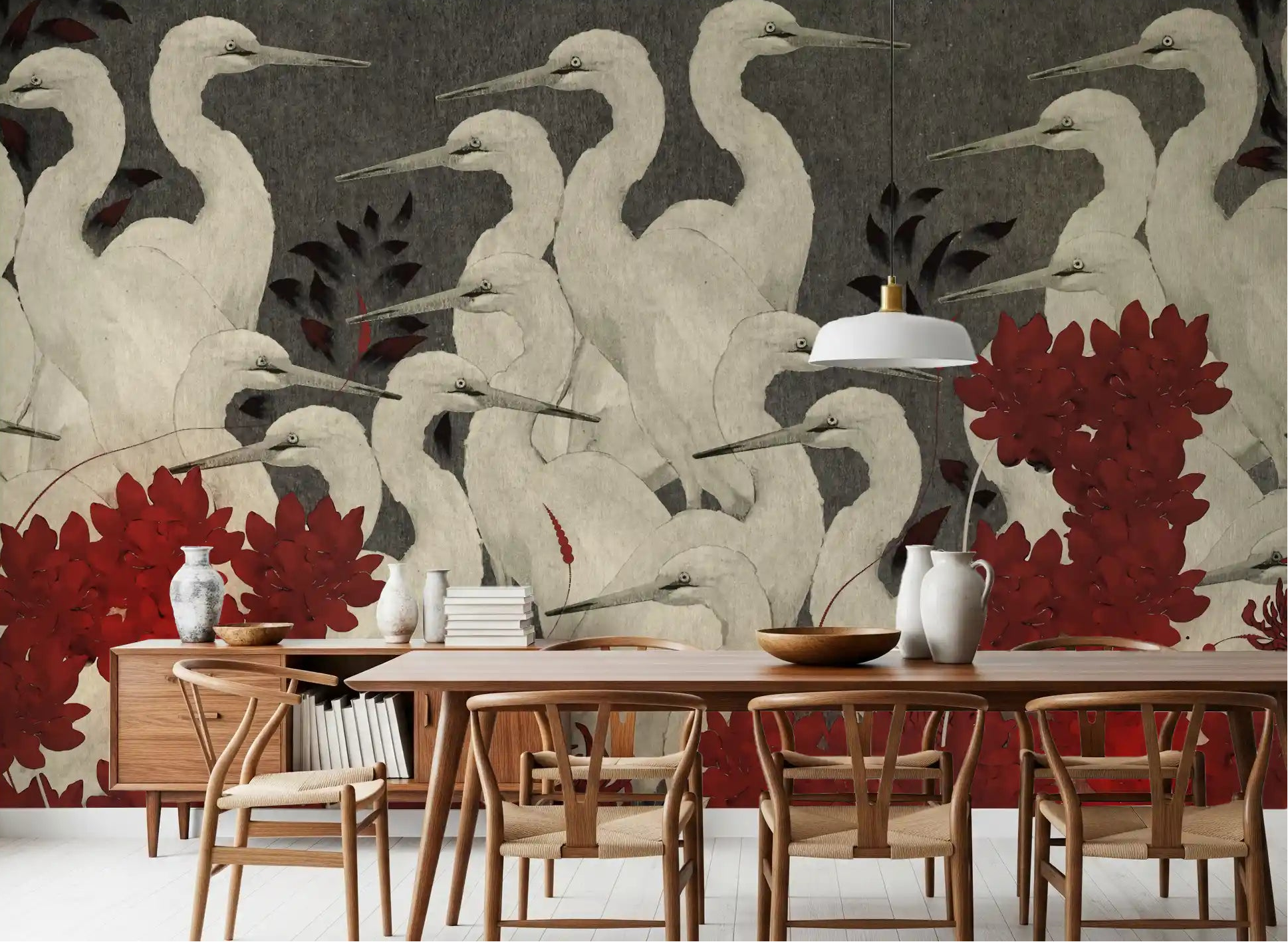 Crimson Crane Assemblage wall mural warms a Dining room with cream and red GD12093
