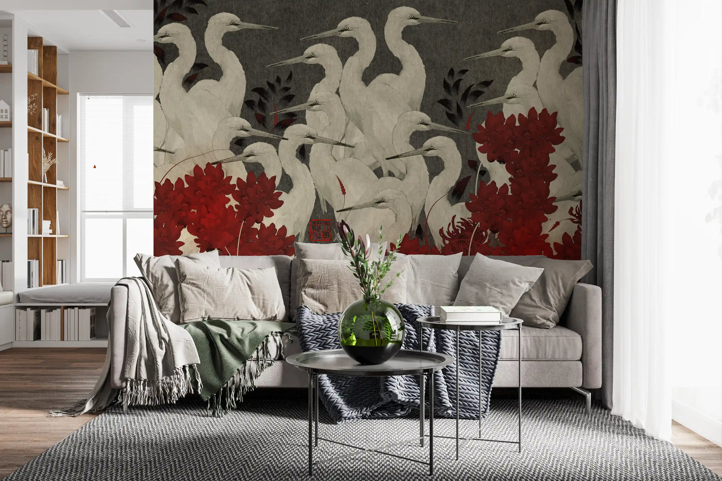Crimson Crane Assemblage Floral Wall Mural