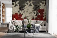 Crimson Crane Assemblage Floral Wall Mural