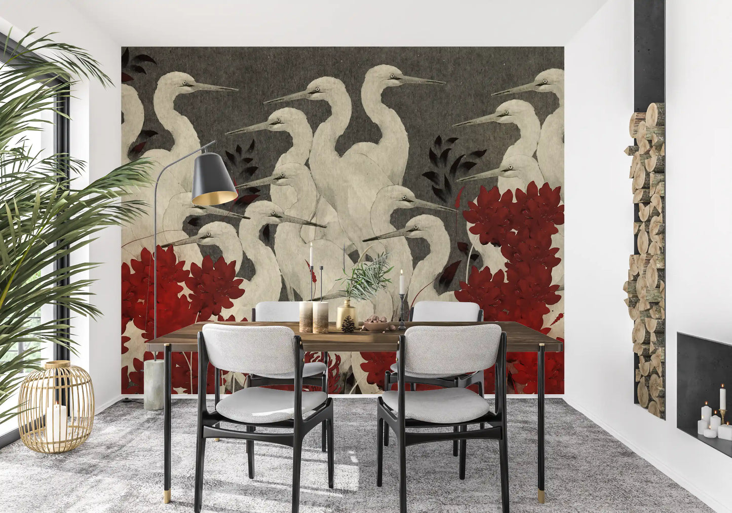 Crimson Crane Assemblage Floral Wall Mural