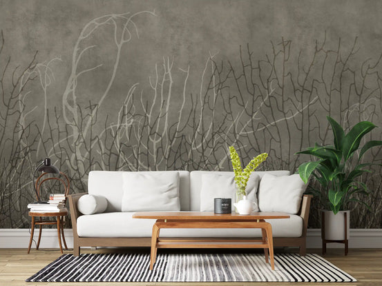 Wall mural in greige, Sea Fans coral branches frame a living room, GD12096