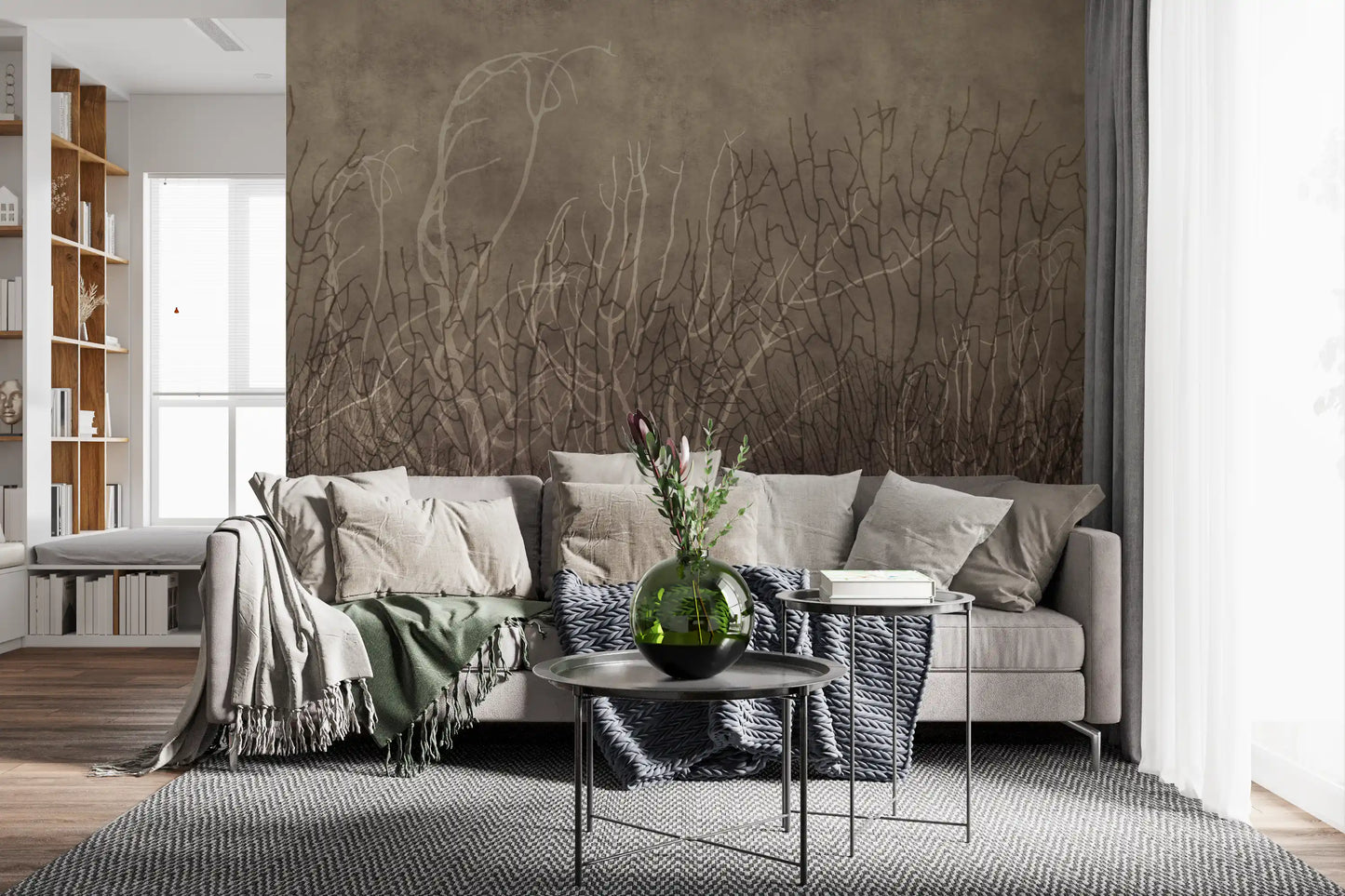 Vægmaleri med havvifter – gylden taupe