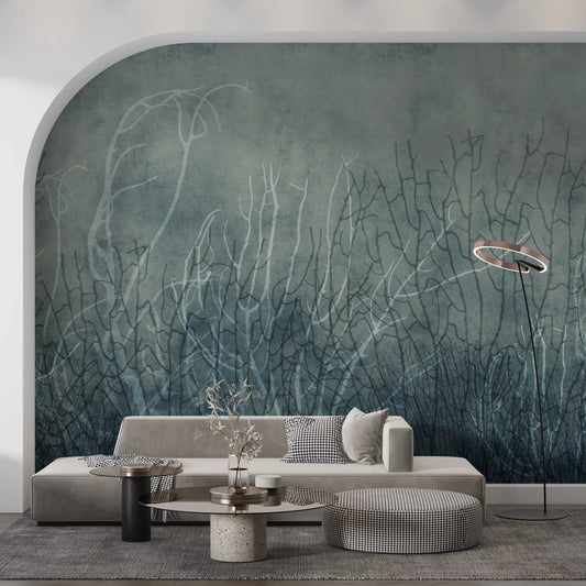 Muted blues wash a living room where the Sea Fans wall mural stays in view GD12100
