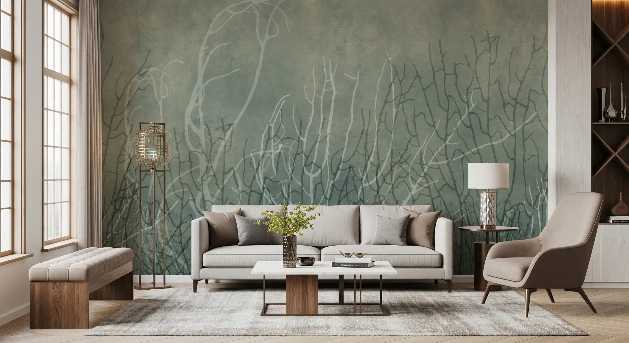 Glacial Waters wall mural lifts a living room with coral fans in sage and teal, GD12101