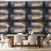 Tapete „Dunstiger See – Sonnenuntergang am Horizont“