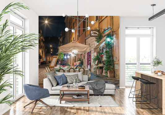 Europese avondbistro met kasseien als muurschildering