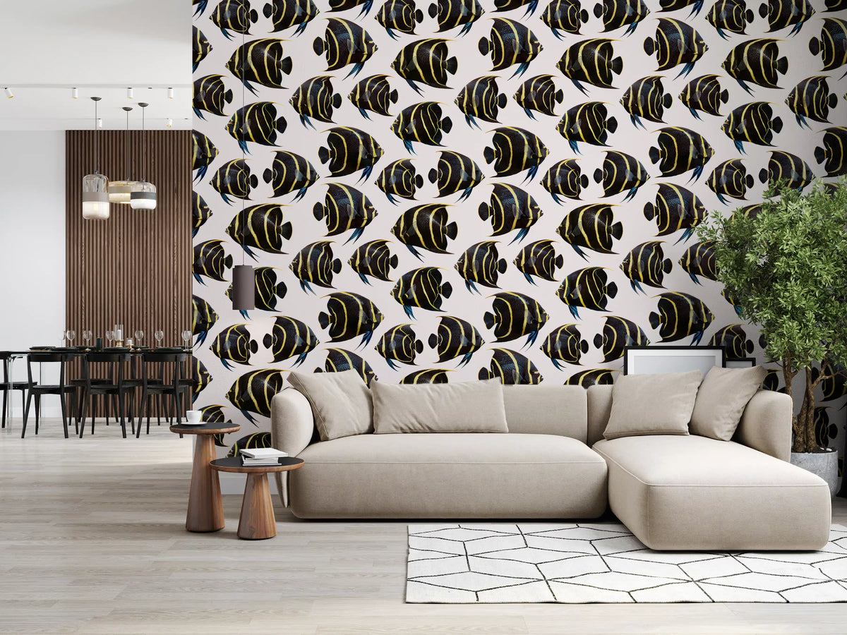Dark angelfish cover a living room in the Angel The Fish 01 wallpaper. GD12126