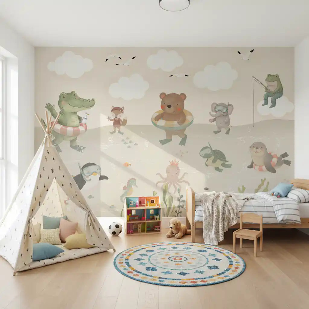 Fresque murale illustrée d’adorables amis de l’océan ludiques