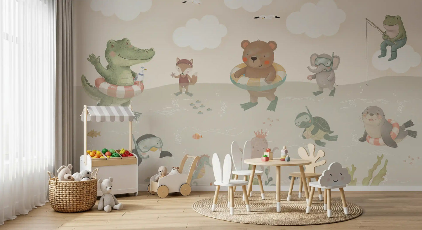 Fresque murale illustrée d’adorables amis de l’océan ludiques