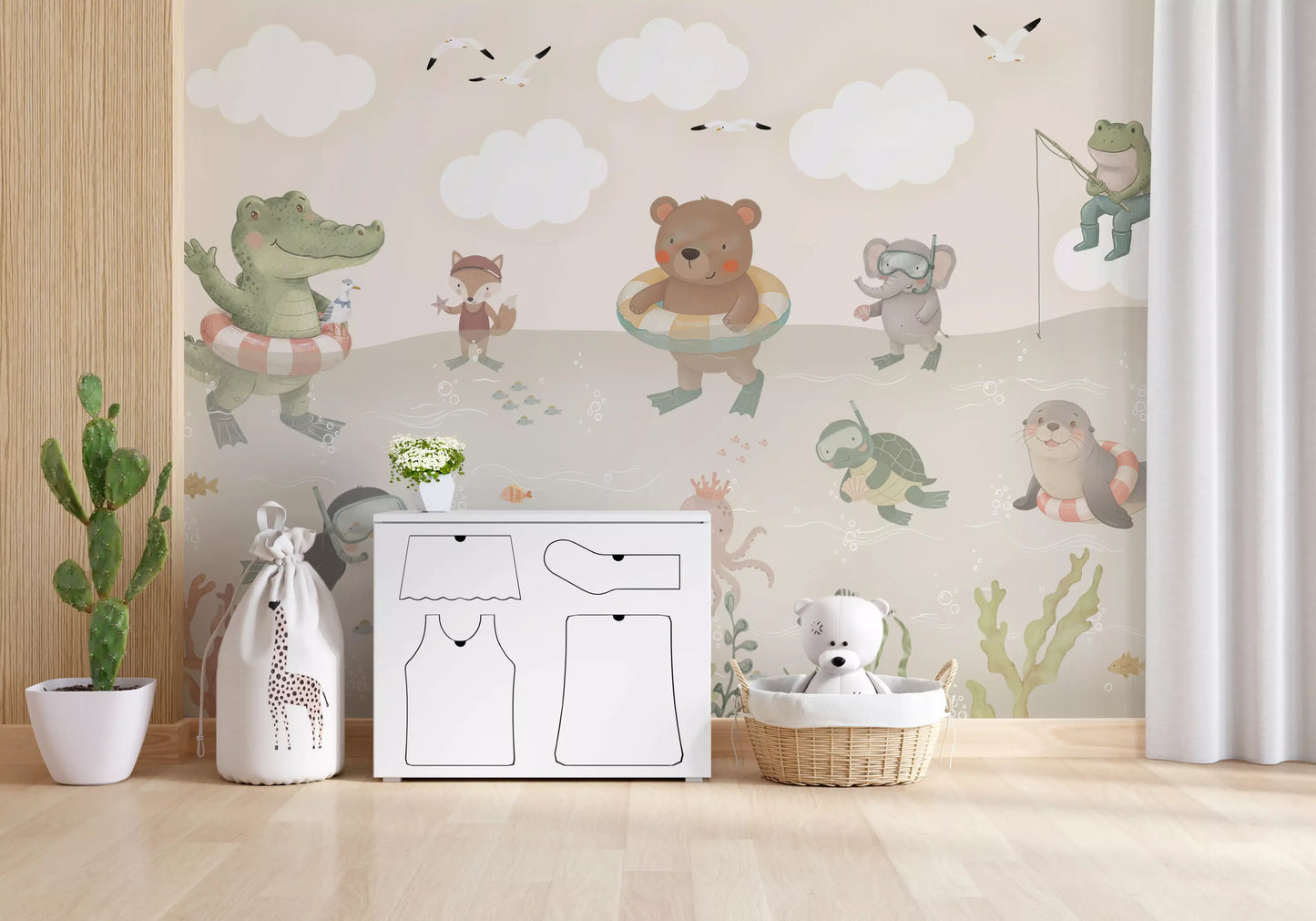 Fresque murale illustrée d’adorables amis de l’océan ludiques
