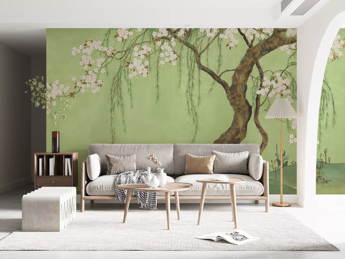 Vægmaleri med grædende kirsebærblomster og piletræer