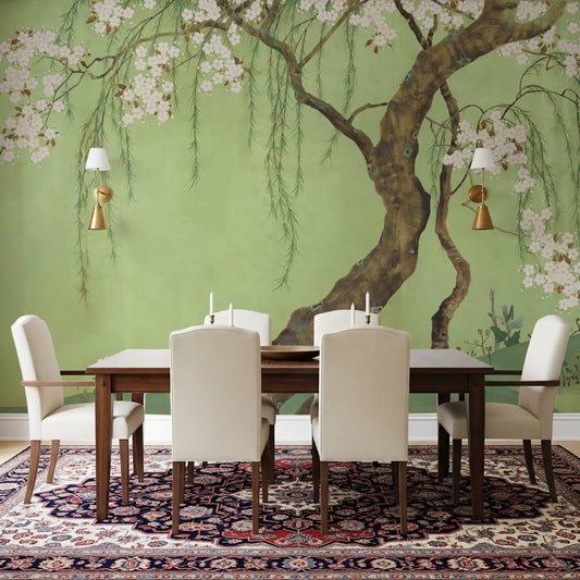 Olive-brown trunk leans low through the cherry blossom wall mural GD12157
