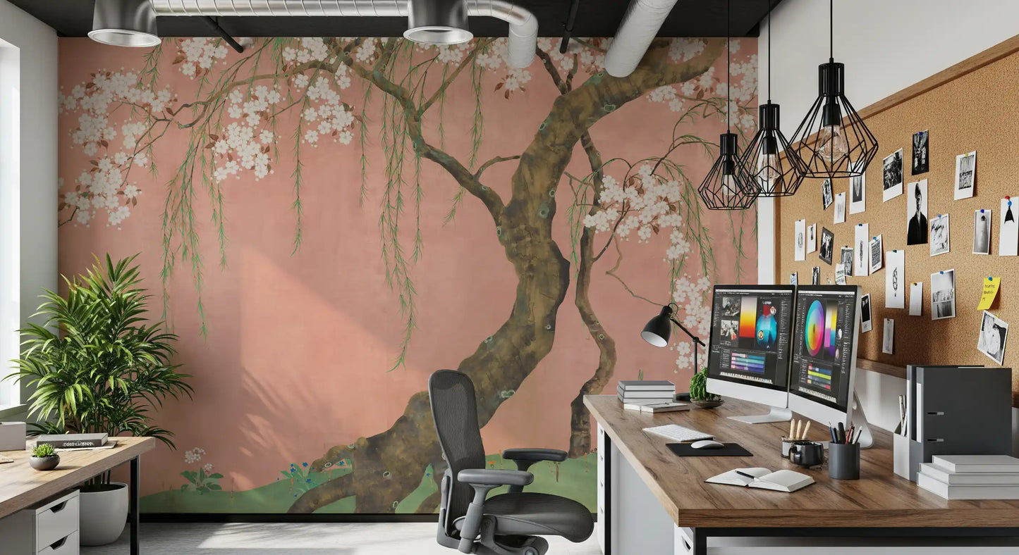 Murale da parete con paesaggio di salici in fiore e sakura