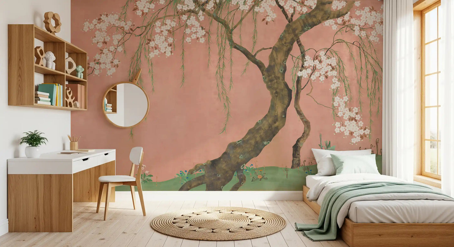 Murale da parete con paesaggio di salici in fiore e sakura