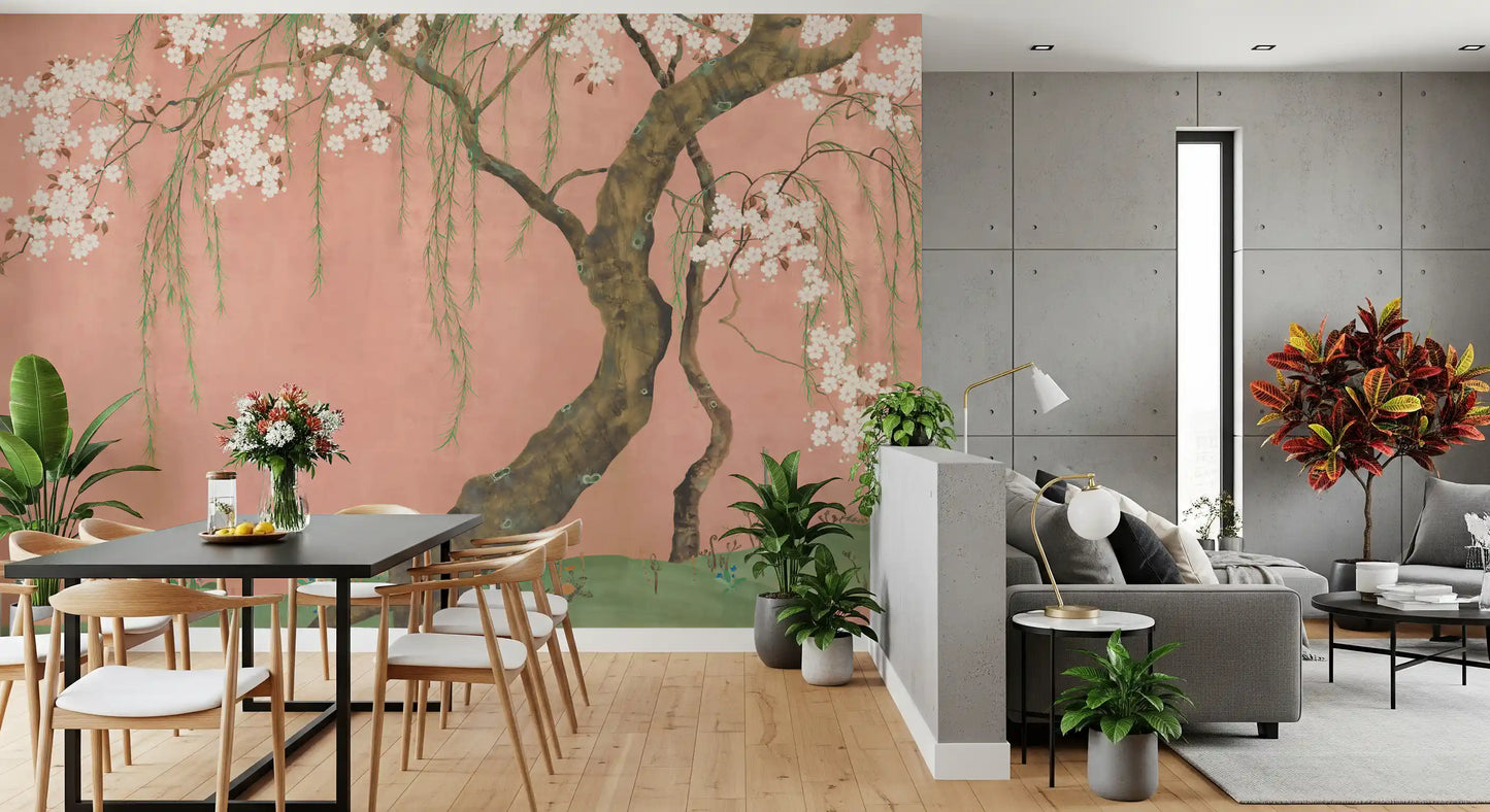 Murale da parete con paesaggio di salici in fiore e sakura